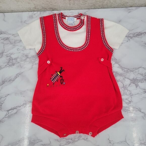 Neiman Marcus Vintage Red Knit Bubble Romper with Embroidered Matching Top Set - Picture 2 of 14